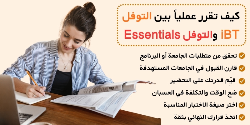 كيف تقرر عملياً بين التوفل iBT والتوفل Essentials: 6 خطوات لاتخاذ القرار