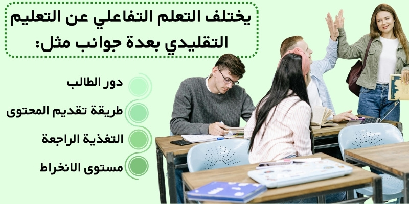 يختلف التعلم التفاعلي عن التعليم التقليدي بعدة جوانب مثل: